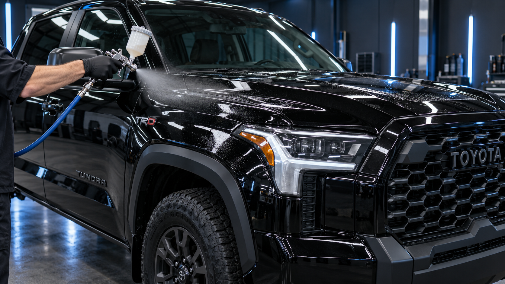 Liquid paint protection being professionally applied to a black Toyota Tundra TRD