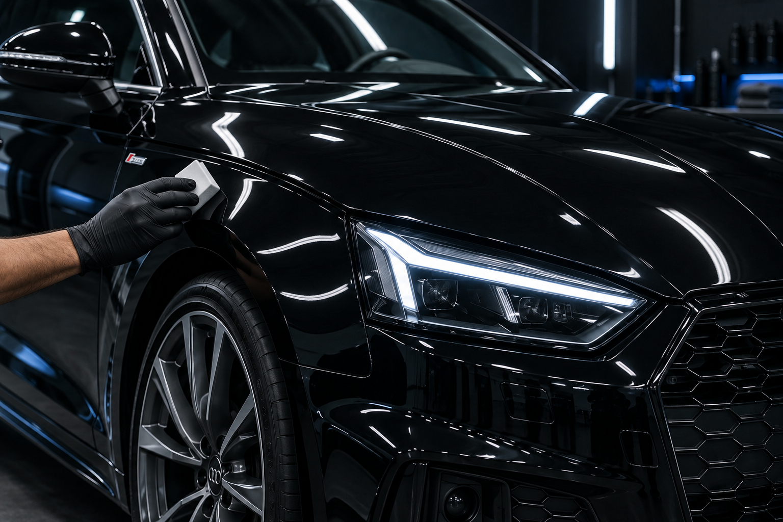 Ceramic coating being professionally applied to a black Audi in a dark detailing studio